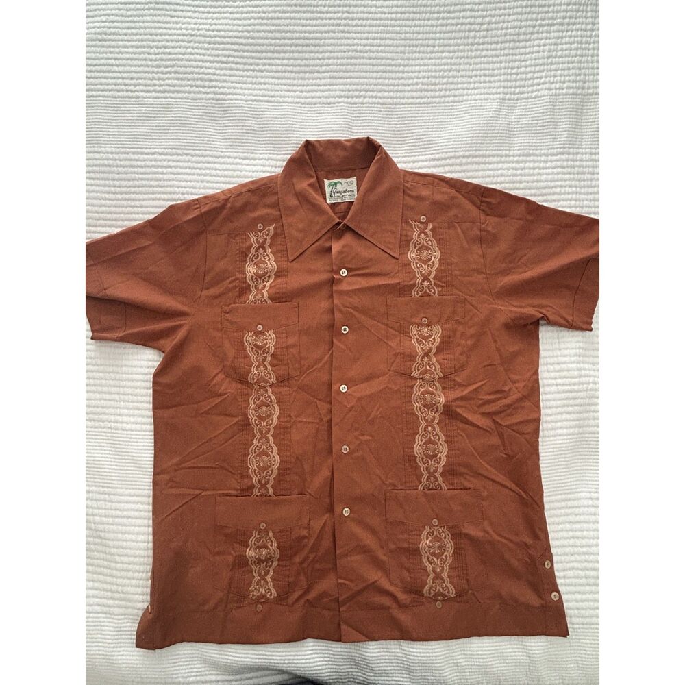 Vintage 70s Guayabera Shirt Mens Large Terracotta Dagger Collar Lace Distressed